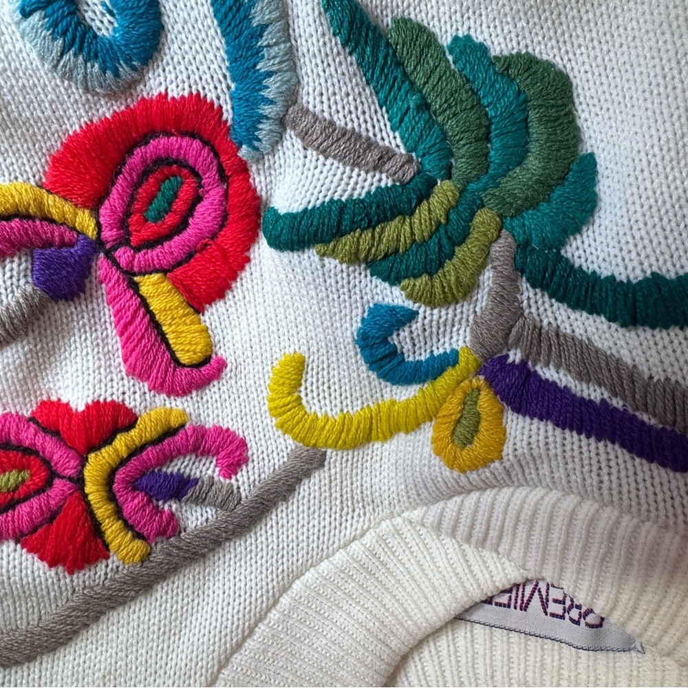 White Crewel Embroidered Bright Floral Long Sleeve Boho Sweater Vintage Sz L - Picture 3 of 11